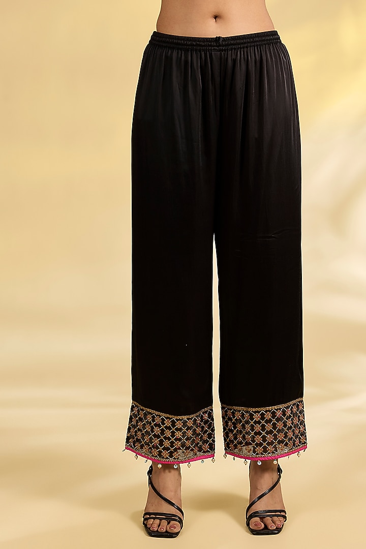 Black Tissue Silk Hand Embroidered Asymmetric Kurta Set by Raji Ramniq at Pernia's Pop Up Shop