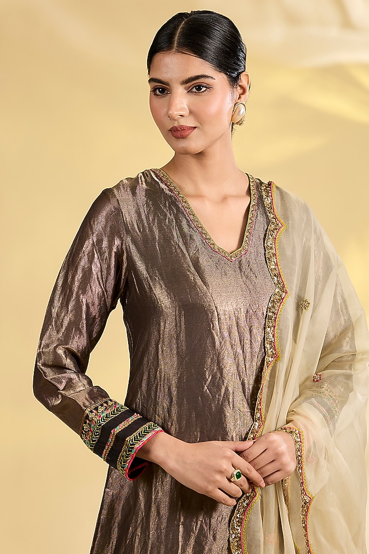 Black Tissue Silk Hand Embroidered Asymmetric Kurta Set by Raji Ramniq at Pernia's Pop Up Shop