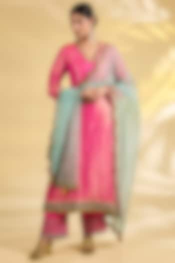 Pink Tissue Silk Hand Embroidered Asymmetric Kurta Set by Raji Ramniq at Pernia's Pop Up Shop