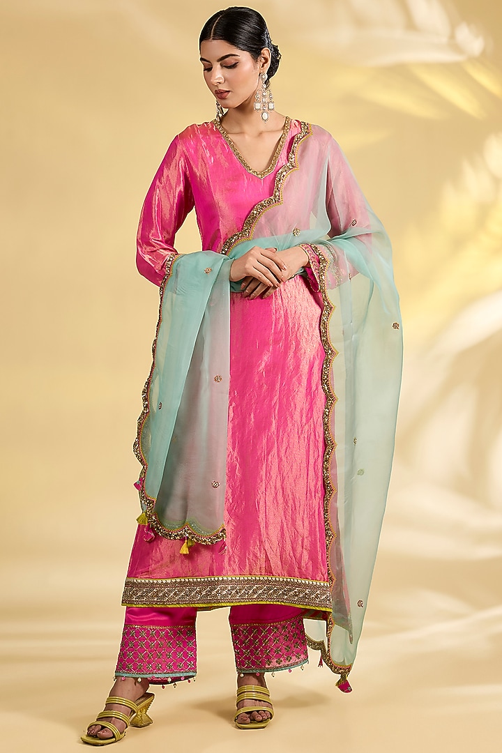Pink Tissue Silk Hand Embroidered Asymmetric Kurta Set by Raji Ramniq at Pernia's Pop Up Shop