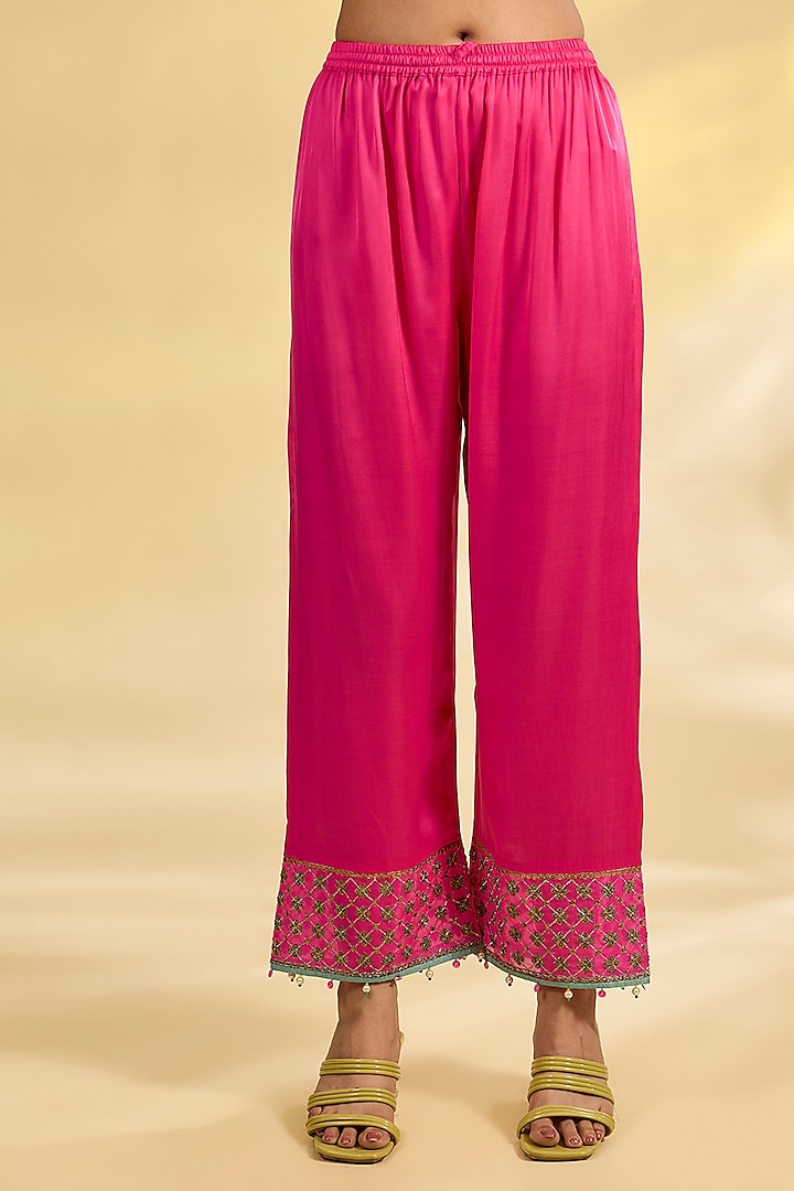 Pink Tissue Silk Hand Embroidered Asymmetric Kurta Set by Raji Ramniq at Pernia's Pop Up Shop