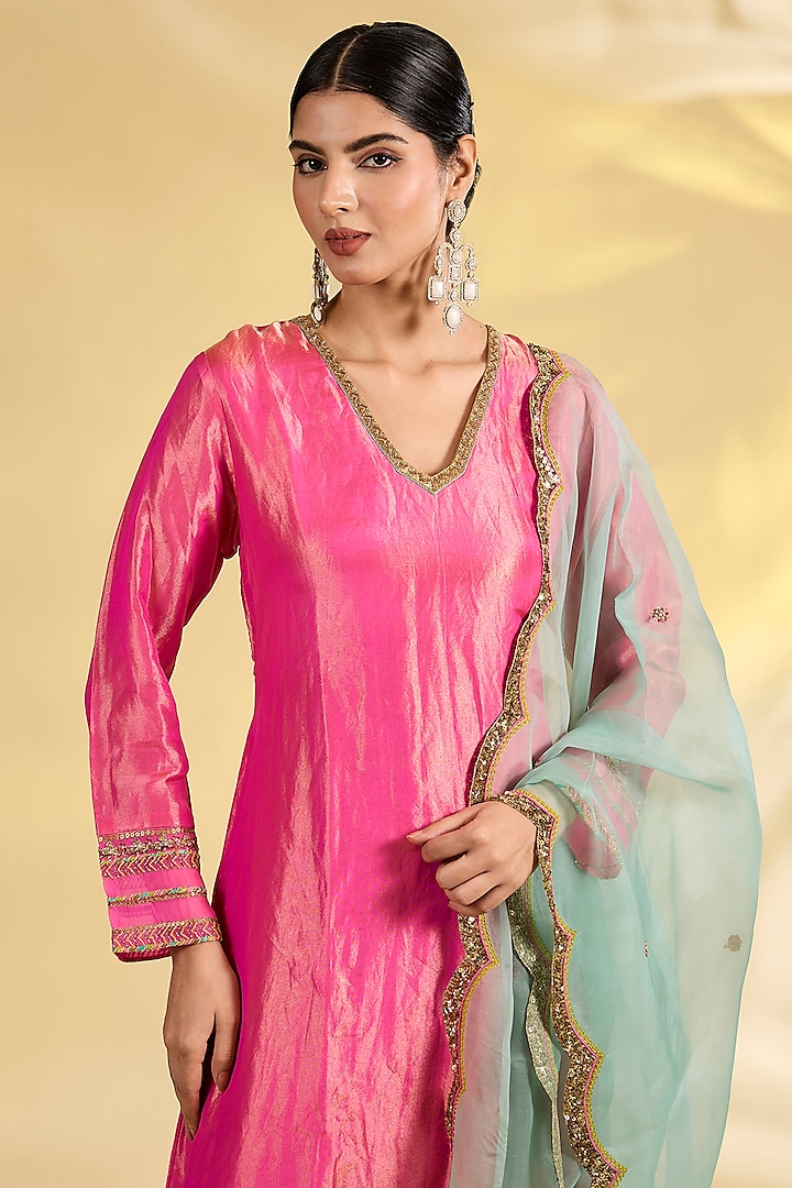 Pink Tissue Silk Hand Embroidered Asymmetric Kurta Set by Raji Ramniq at Pernia's Pop Up Shop