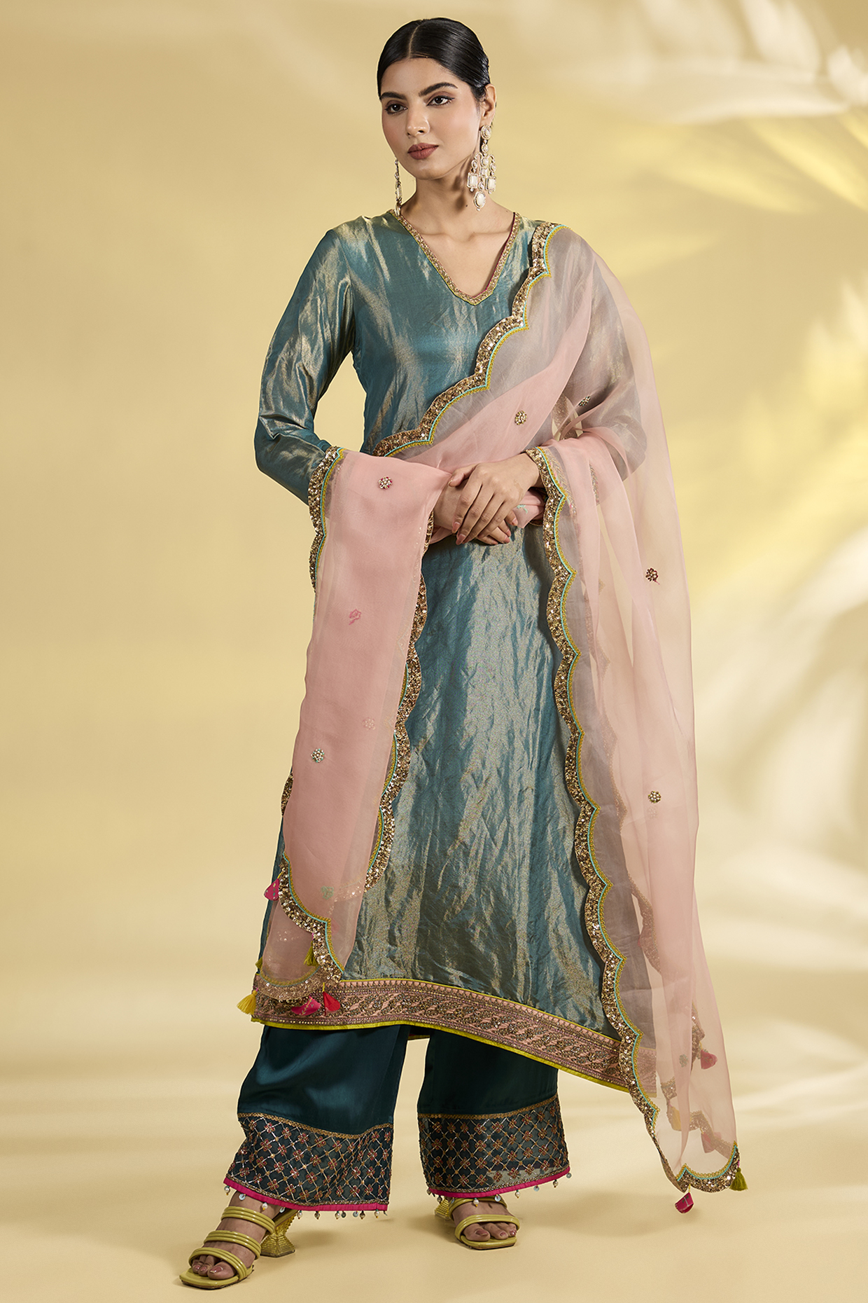 Multi-Colored Tissue Silk Hand Embroidered Asymmetric Kurta Set by Raji Ramniq at Pernia's Pop Up Shop