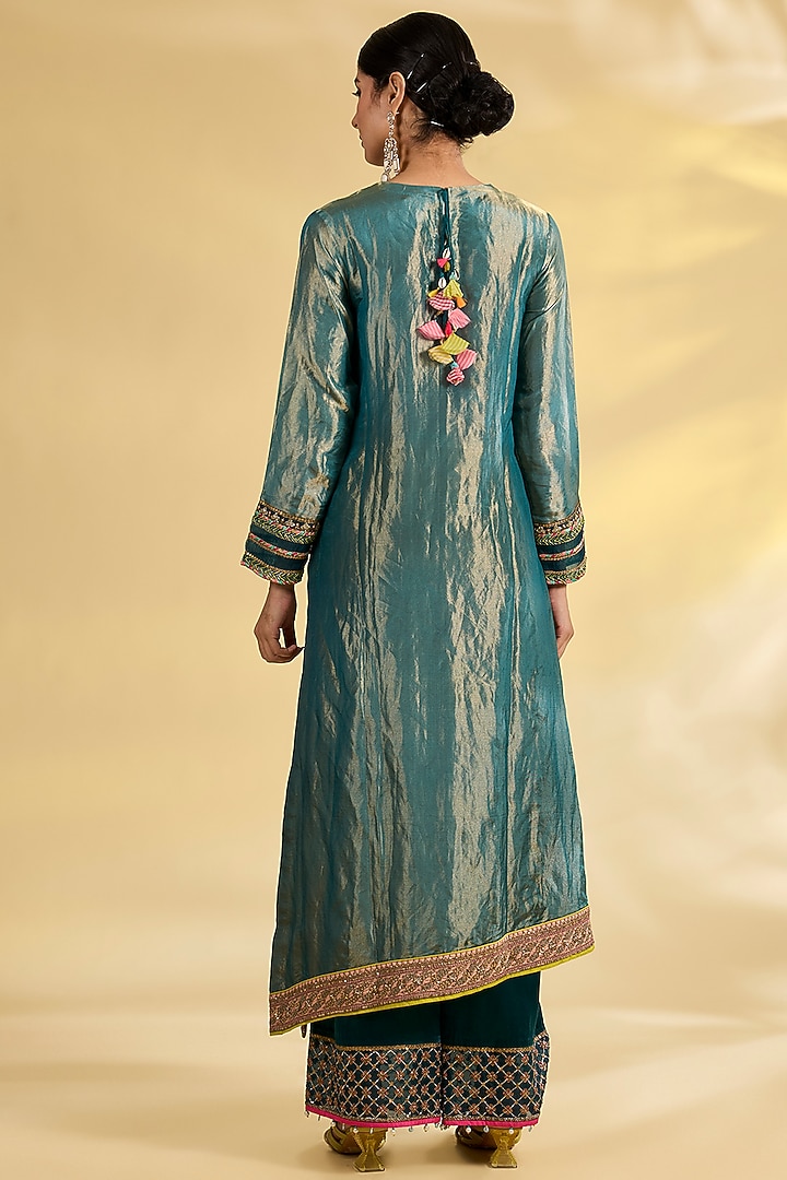 Multi-Colored Tissue Silk Hand Embroidered Asymmetric Kurta Set by Raji Ramniq at Pernia's Pop Up Shop