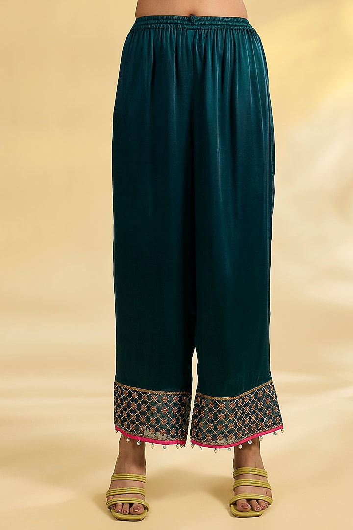 Multi-Colored Tissue Silk Hand Embroidered Asymmetric Kurta Set by Raji Ramniq at Pernia's Pop Up Shop