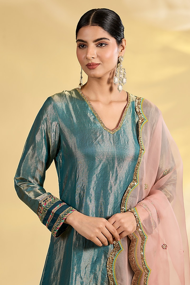 Multi-Colored Tissue Silk Hand Embroidered Asymmetric Kurta Set by Raji Ramniq at Pernia's Pop Up Shop