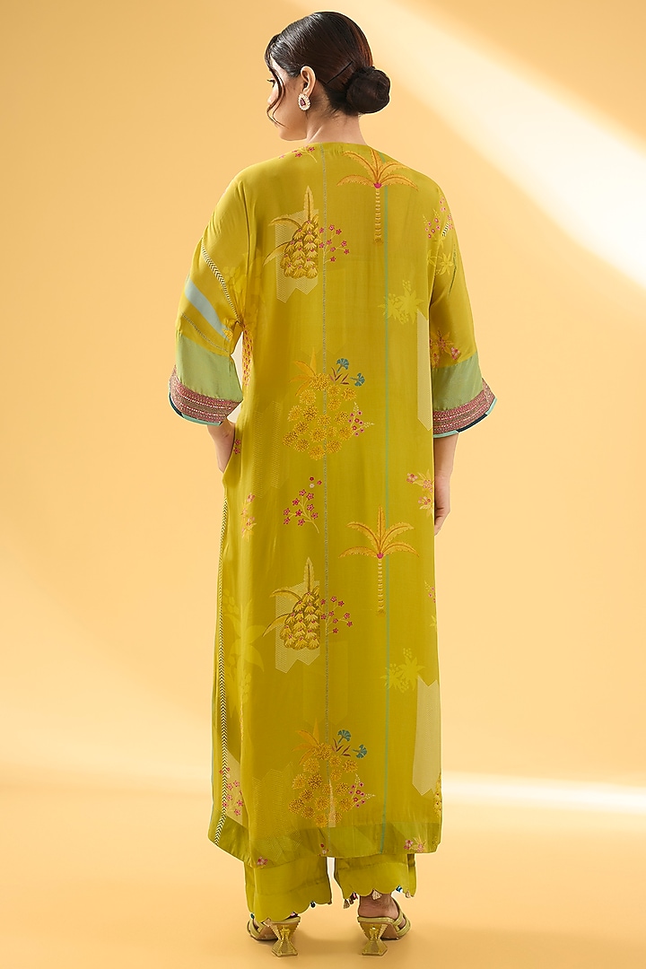 Lime Yellow Crepe & Organza Printed Kurta Set by Raji ramniq at Pernia's Pop Up Shop
