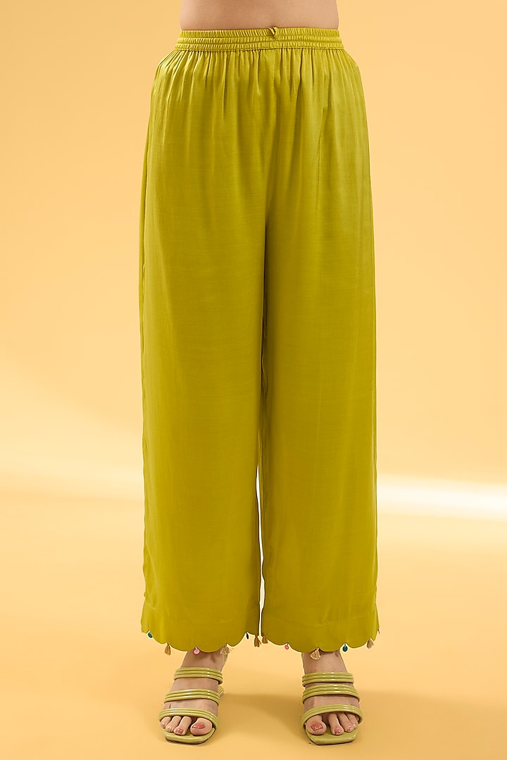 Lime Yellow Crepe & Organza Printed Kurta Set by Raji ramniq at Pernia's Pop Up Shop
