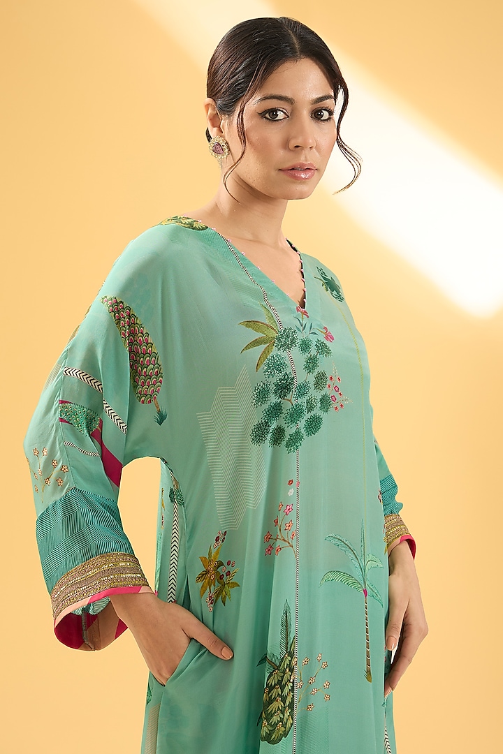 Powder Blue Crepe & Organza Printed Kurta Set by Raji ramniq at Pernia's Pop Up Shop