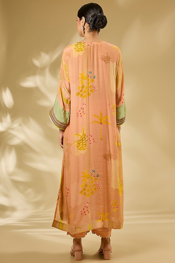 Peach Crepe Printed & Embroidered Kaftan Set by Raji ramniq at Pernia's Pop Up Shop