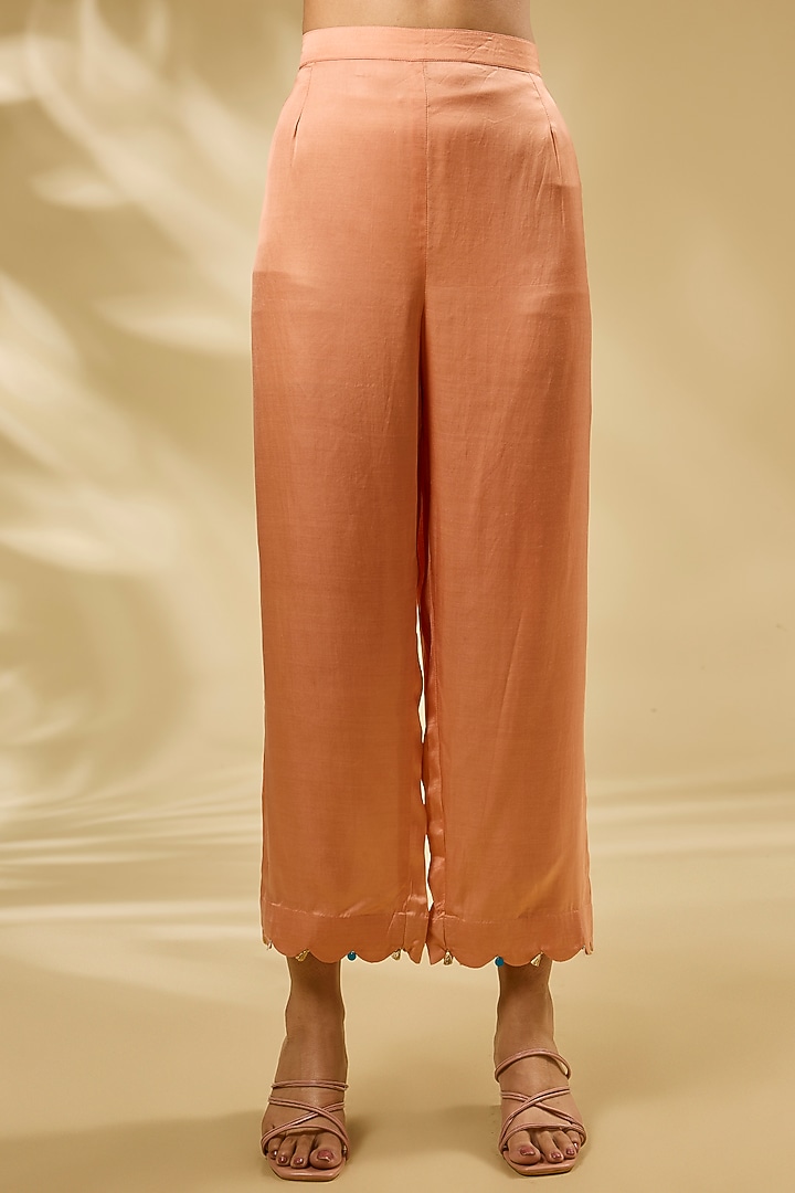 Peach Crepe Printed & Embroidered Kaftan Set by Raji ramniq at Pernia's Pop Up Shop