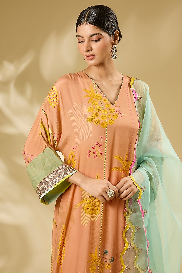 Peach Crepe Printed & Embroidered Kaftan Set by Raji ramniq at Pernia's Pop Up Shop