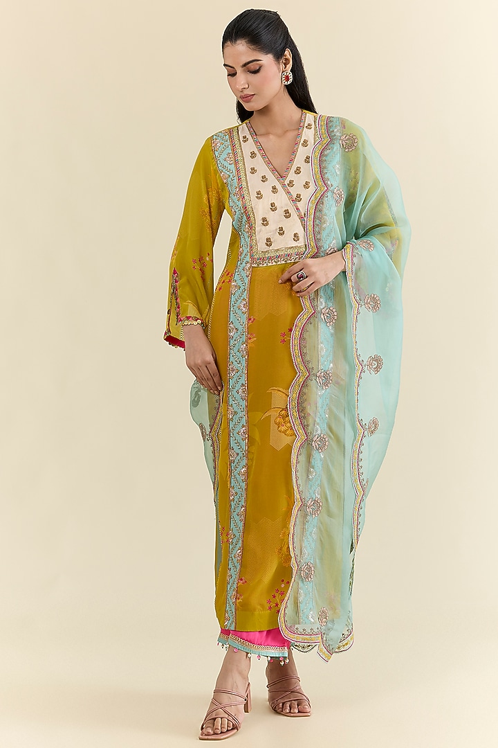 Yellow Crepe & Modal Satin Hand Embroidered Kurta Set by Raji ramniq at Pernia's Pop Up Shop