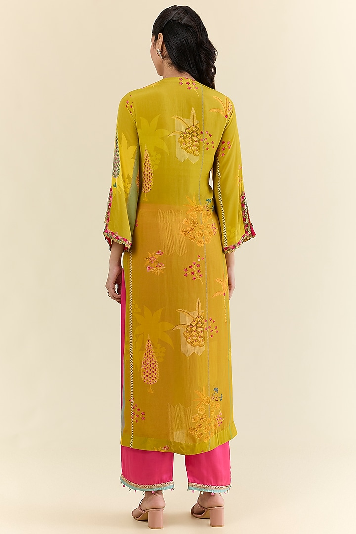 Yellow Crepe & Modal Satin Hand Embroidered Kurta Set by Raji ramniq at Pernia's Pop Up Shop
