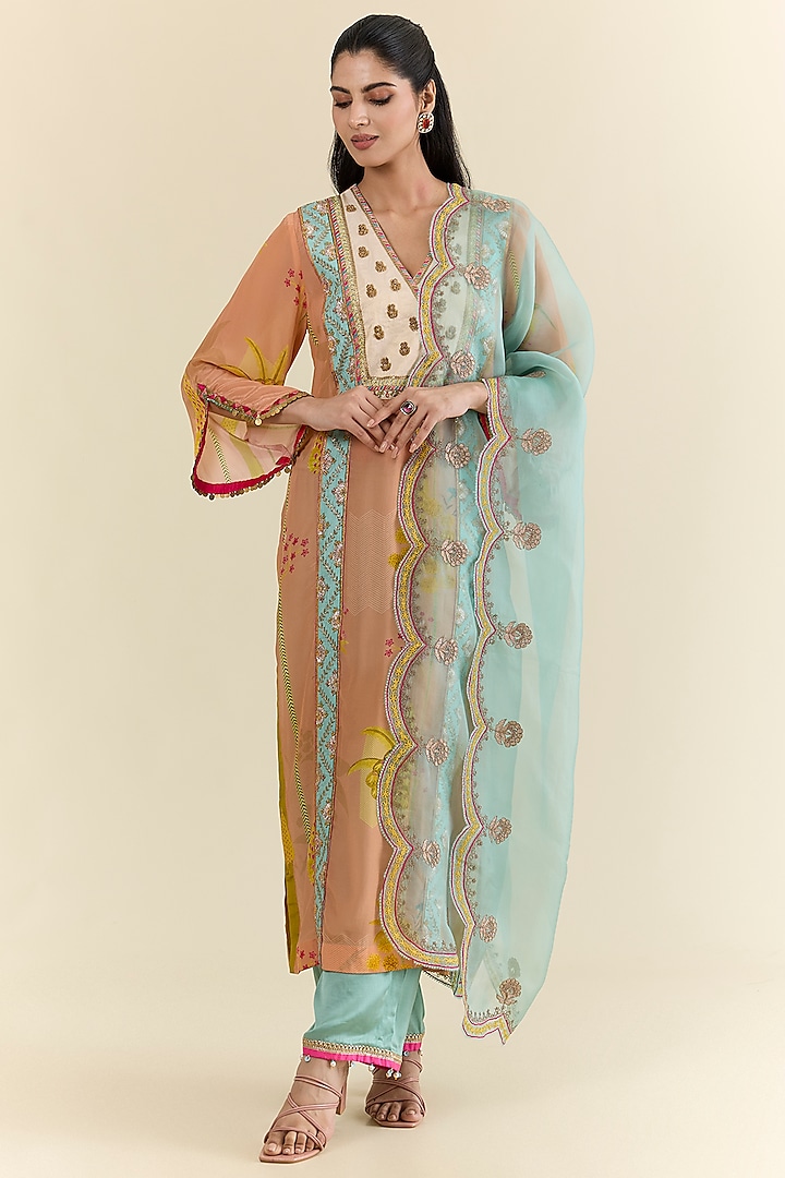Peach Crepe & Modal Satin Hand Embroidered Kurta Set by Raji ramniq at Pernia's Pop Up Shop