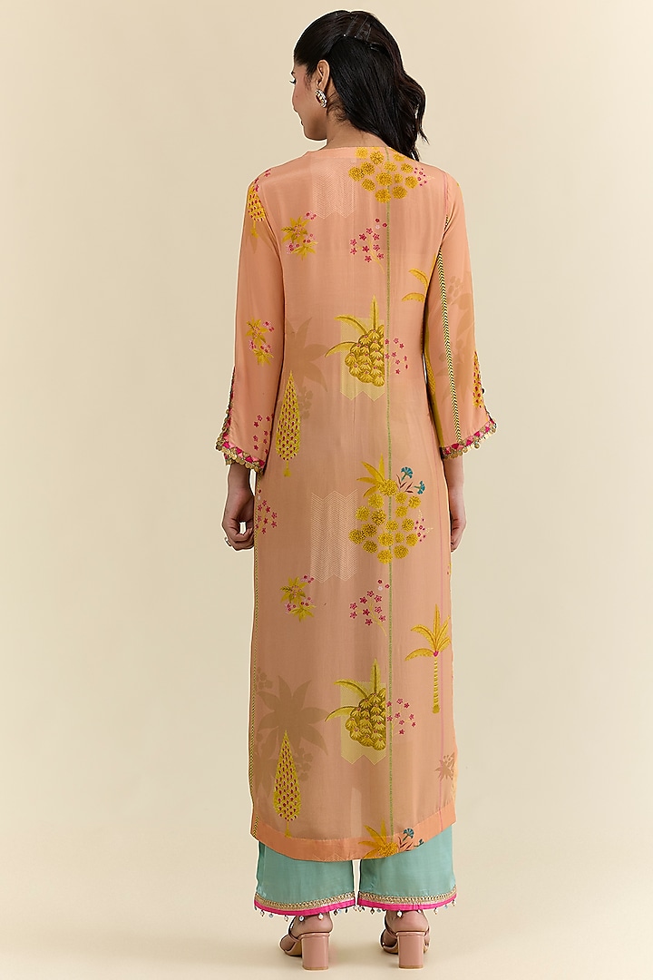 Peach Crepe & Modal Satin Hand Embroidered Kurta Set by Raji ramniq at Pernia's Pop Up Shop