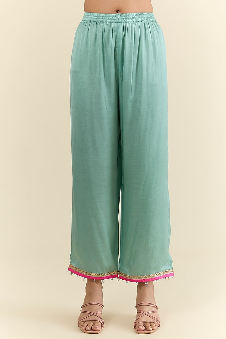 Peach Crepe & Modal Satin Hand Embroidered Kurta Set by Raji ramniq at Pernia's Pop Up Shop