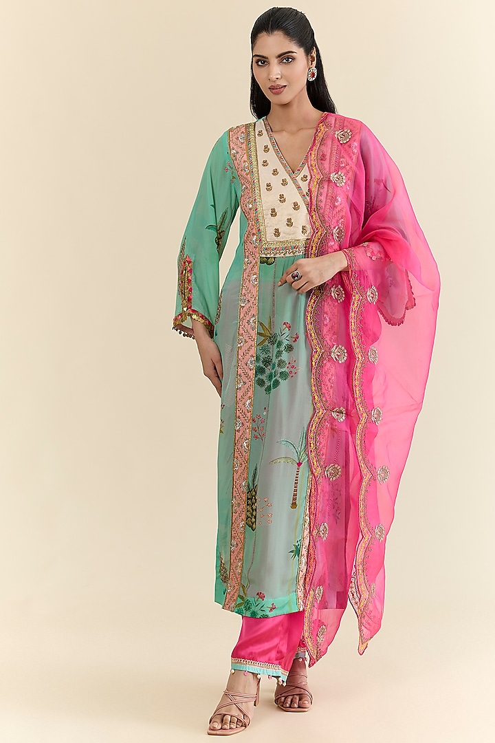 Blue Crepe & Modal Satin Hand Embroidered Kurta Set by Raji ramniq at Pernia's Pop Up Shop