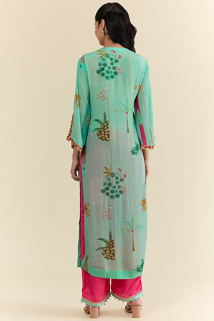 Blue Crepe & Modal Satin Hand Embroidered Kurta Set by Raji ramniq at Pernia's Pop Up Shop