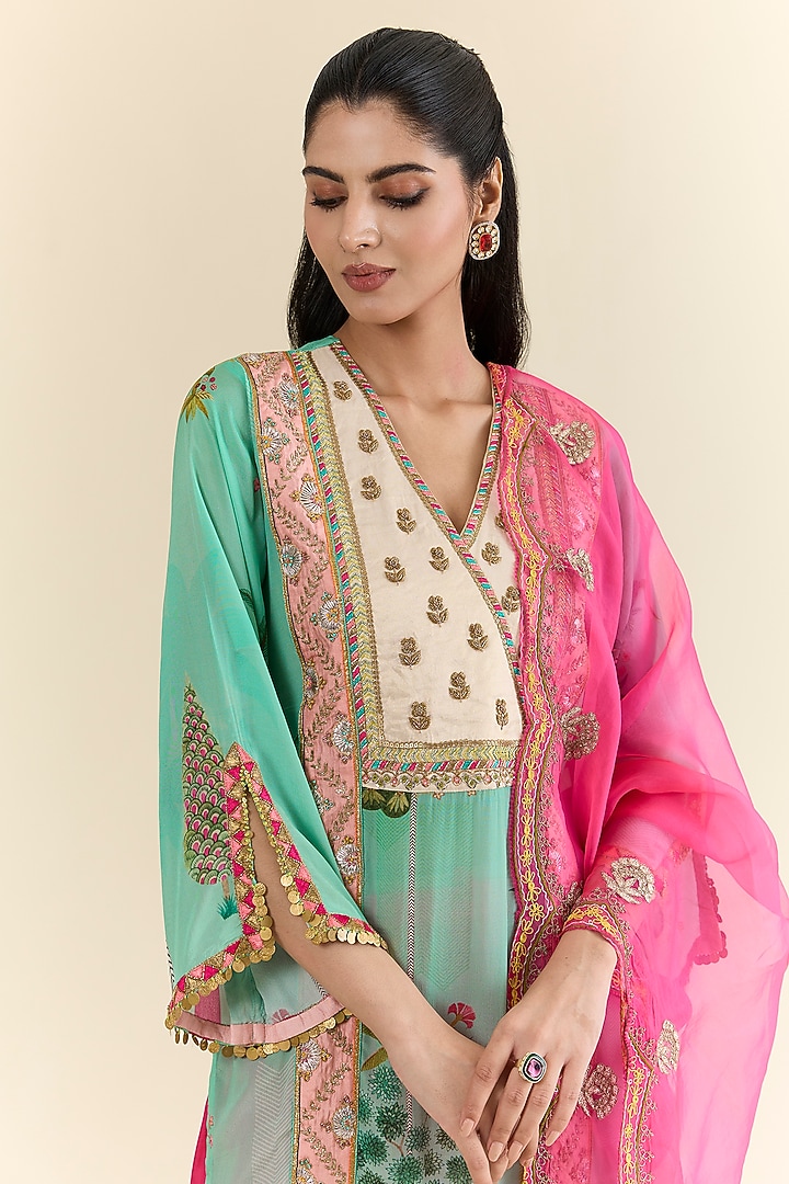 Blue Crepe & Modal Satin Hand Embroidered Kurta Set by Raji ramniq at Pernia's Pop Up Shop