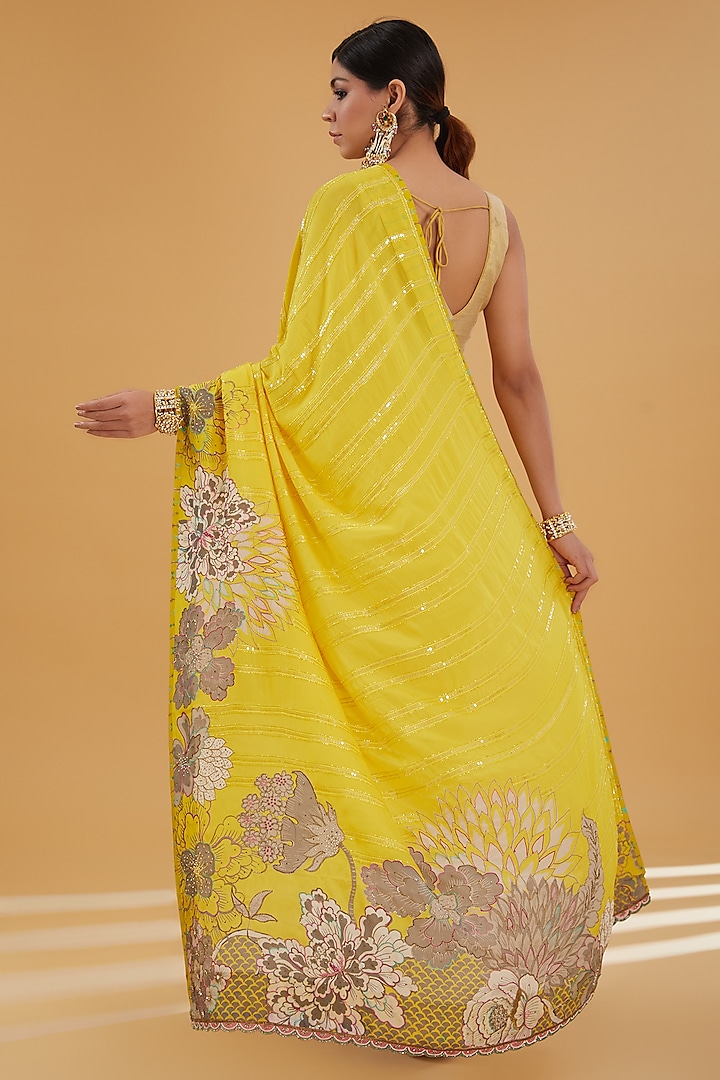 Yellow Crepe Printed & Embroidered Wedding Saree Set by Raji Ramniq at Pernia's Pop Up Shop