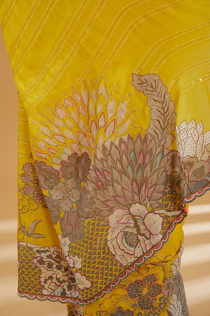 Yellow Crepe Printed & Embroidered Wedding Saree Set by Raji Ramniq at Pernia's Pop Up Shop