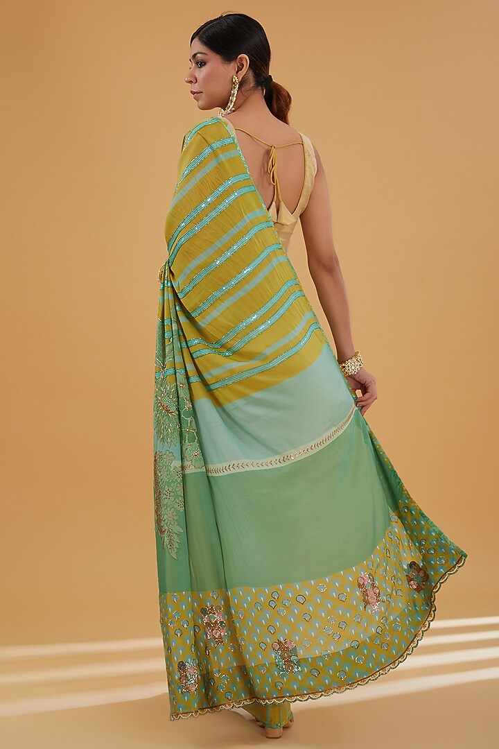 Sage Green & Lime Yellow Crepe Printed & Embroidered Wedding Saree Set by Raji Ramniq at Pernia's Pop Up Shop