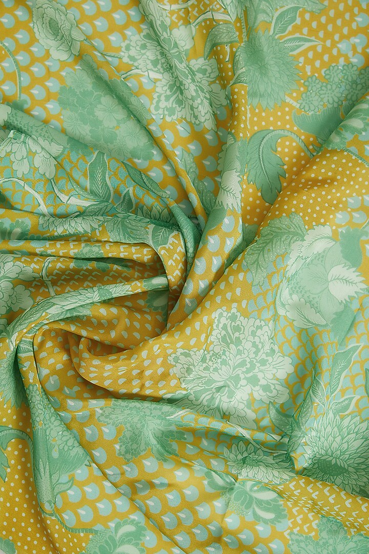 Sage Green & Lime Yellow Crepe Printed & Embroidered Wedding Saree Set by Raji Ramniq at Pernia's Pop Up Shop