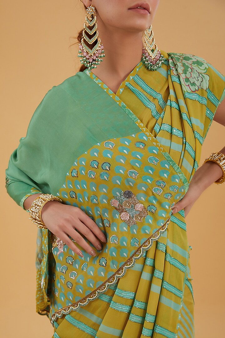 Sage Green & Lime Yellow Crepe Printed & Embroidered Wedding Saree Set by Raji Ramniq at Pernia's Pop Up Shop