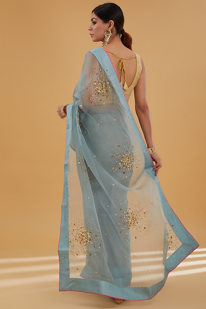 Ice Blue Organza Sequins Floral Embroidered Wedding Saree Set by Raji Ramniq at Pernia's Pop Up Shop