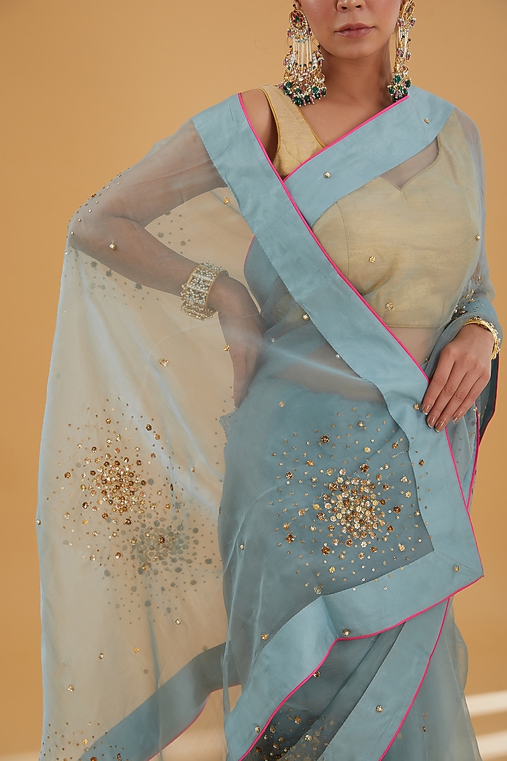 Ice Blue Organza Sequins Floral Embroidered Wedding Saree Set by Raji Ramniq at Pernia's Pop Up Shop