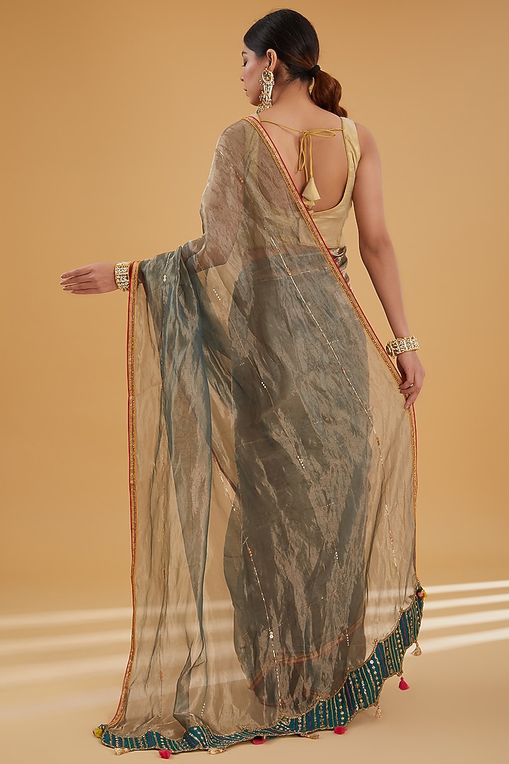 Teal Tissue Embroidered Wedding Saree Set by Raji Ramniq at Pernia's Pop Up Shop