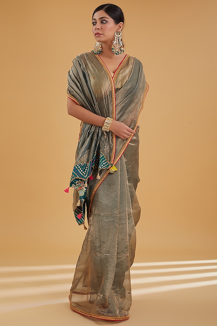 Teal Tissue Embroidered Wedding Saree Set by Raji Ramniq at Pernia's Pop Up Shop