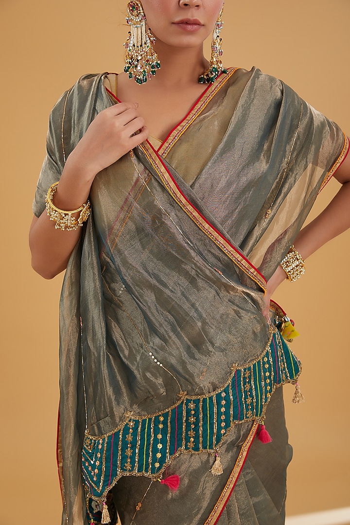 Teal Tissue Embroidered Wedding Saree Set by Raji Ramniq at Pernia's Pop Up Shop