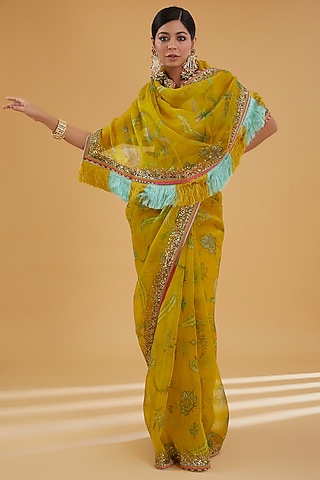 Lime Yellow Silk Organza Sequins Embroidered Saree Set by Raji Ramniq