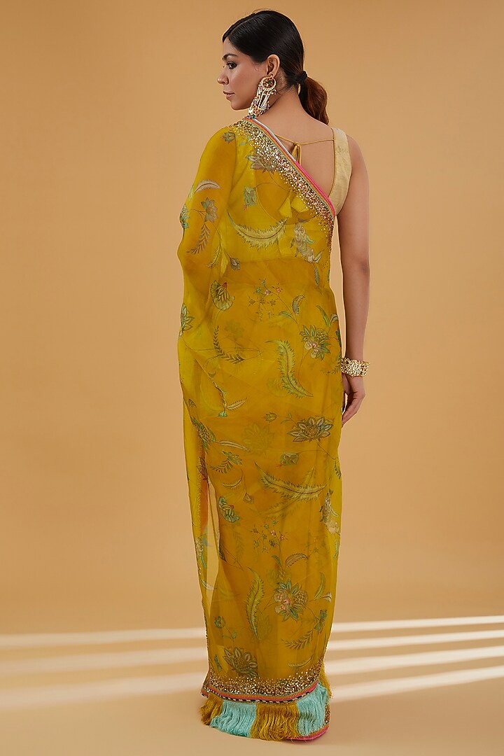 Lime Yellow Silk Organza Sequins Embroidered Wedding Saree Set by Raji Ramniq at Pernia's Pop Up Shop