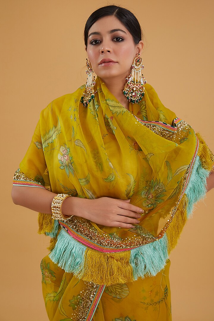Lime Yellow Silk Organza Sequins Embroidered Wedding Saree Set by Raji Ramniq at Pernia's Pop Up Shop