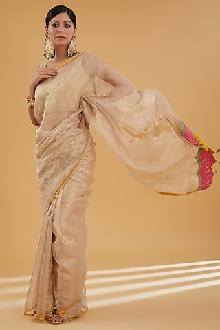 Ivory Gold Tissue Embroidered Saree Set by Raji Ramniq