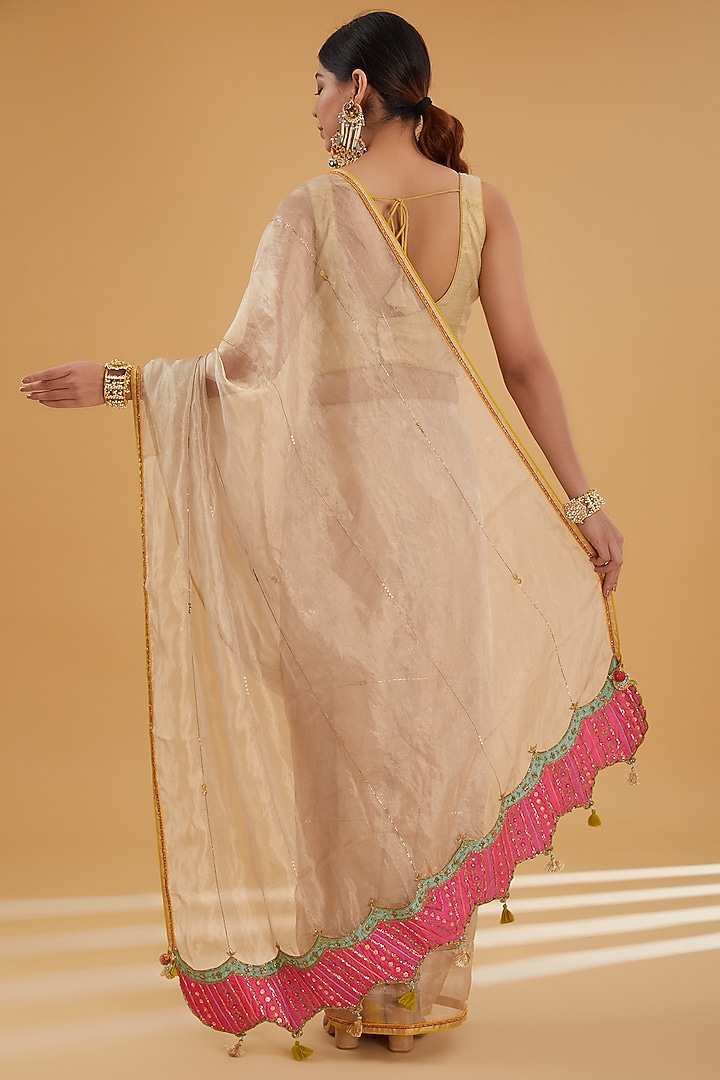 Ivory Gold Tissue Embroidered Wedding Saree Set by Raji Ramniq at Pernia's Pop Up Shop