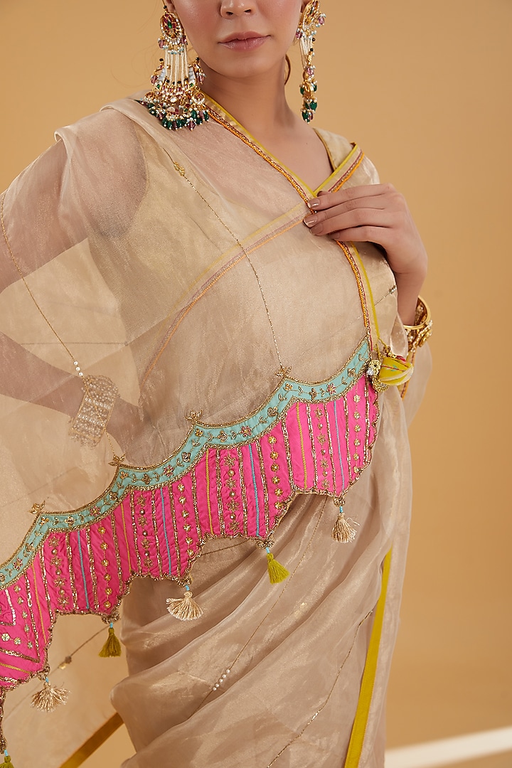 Ivory Gold Tissue Embroidered Wedding Saree Set by Raji Ramniq at Pernia's Pop Up Shop
