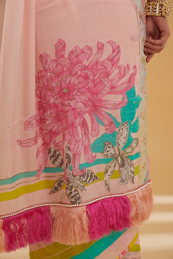 Nude Pink Crepe Hand Embroidered Wedding Saree Set by Raji Ramniq at Pernia's Pop Up Shop