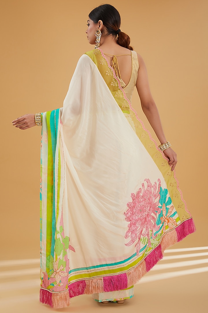 Ivory Crepe Printed & Hand Embroidered Party Wear Saree Set by Raji Ramniq at Pernia's Pop Up Shop