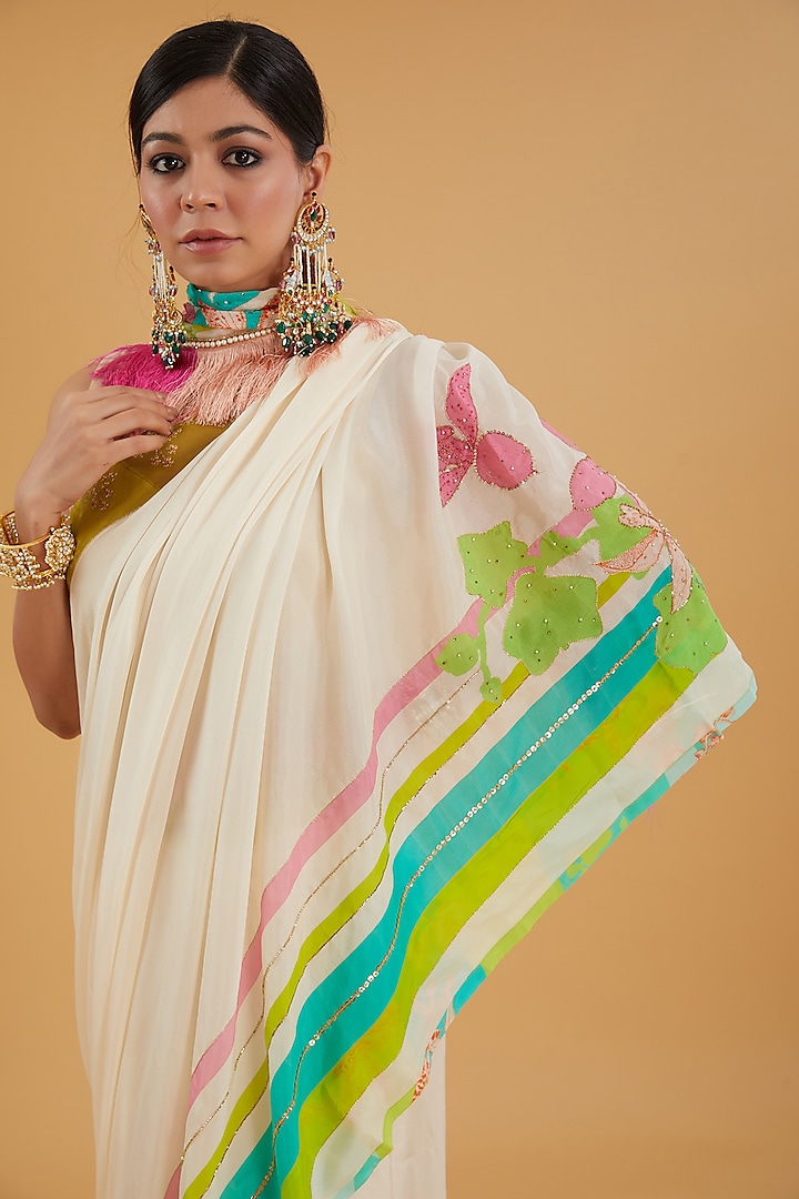 Ivory Crepe Printed & Hand Embroidered Party Wear Saree Set by Raji Ramniq at Pernia's Pop Up Shop