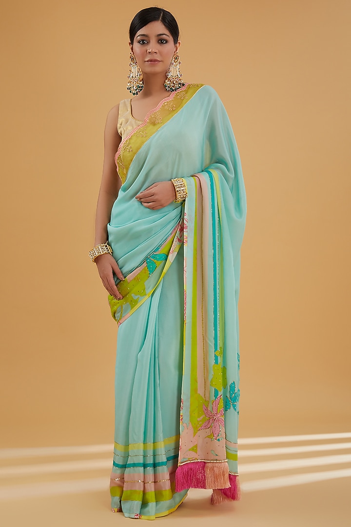 Powder Blue Crepe Printed & Hand Embroidered Wedding Saree Set by Raji Ramniq at Pernia's Pop Up Shop
