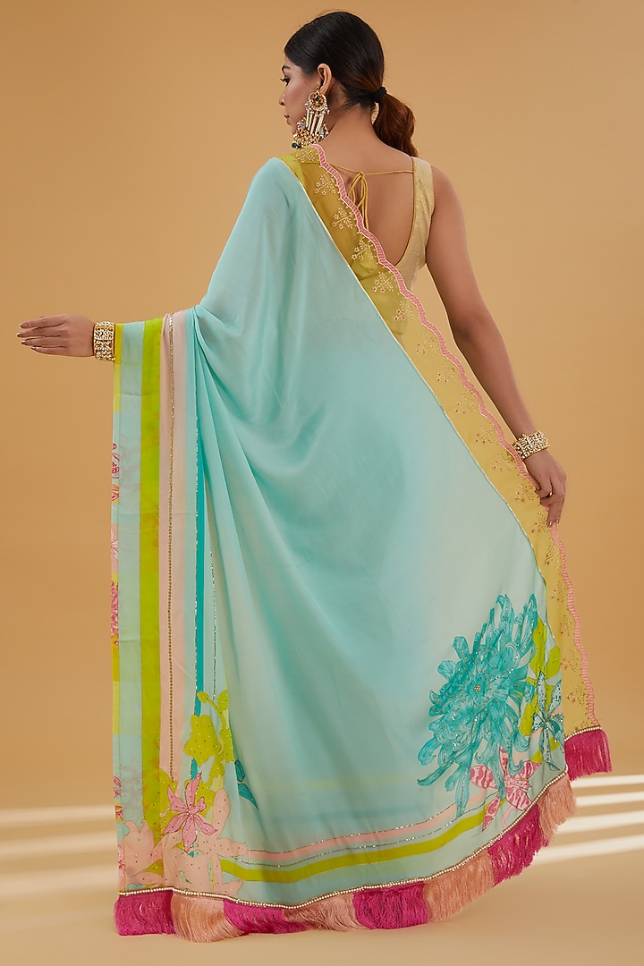 Powder Blue Crepe Printed & Hand Embroidered Wedding Saree Set by Raji Ramniq at Pernia's Pop Up Shop