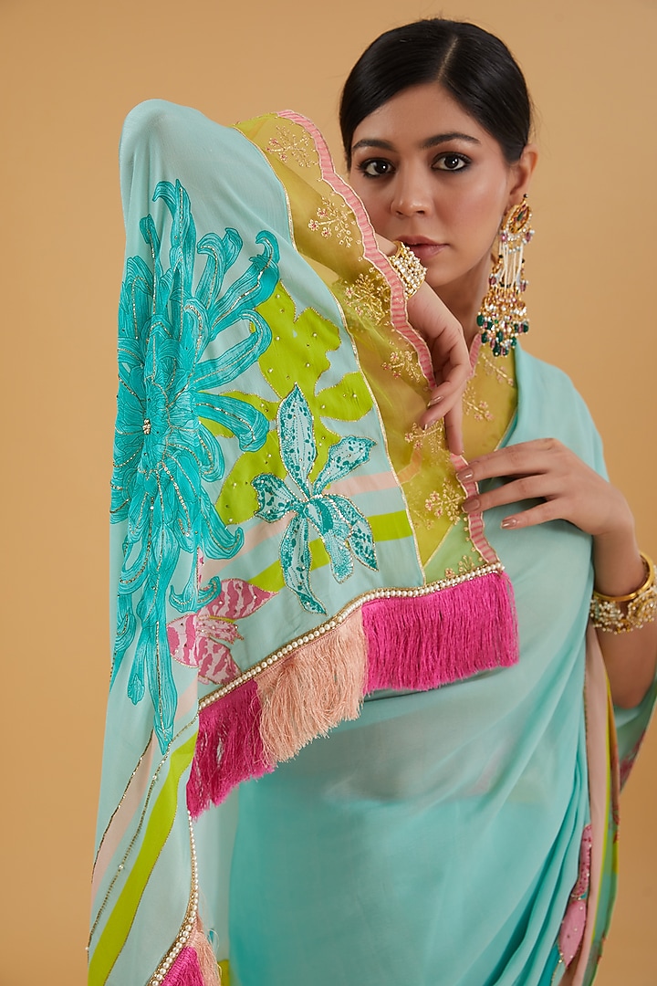 Powder Blue Crepe Printed & Hand Embroidered Wedding Saree Set by Raji Ramniq at Pernia's Pop Up Shop