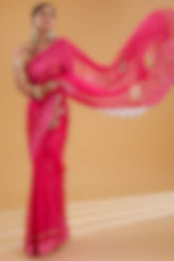 Hot Pink Kota Silk Applique Work Party Wear Saree Set by Raji Ramniq at Pernia's Pop Up Shop