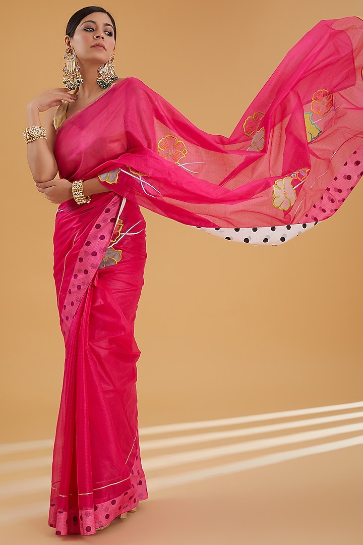 Hot Pink Kota Silk Applique Work Party Wear Saree Set by Raji Ramniq at Pernia's Pop Up Shop
