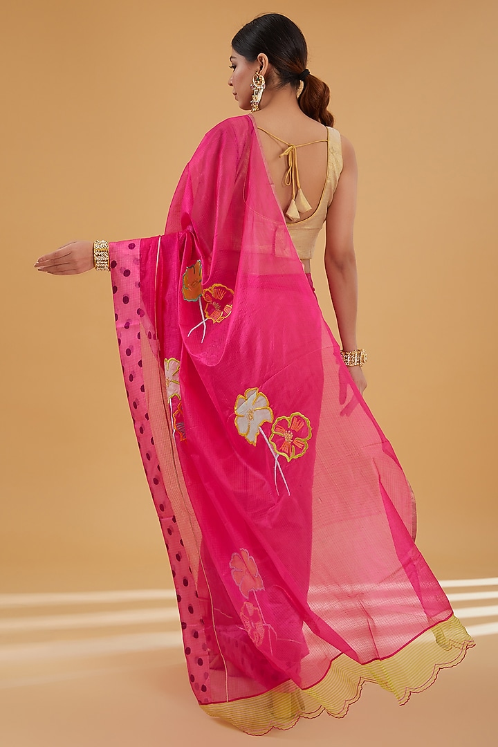 Hot Pink Kota Silk Applique Work Party Wear Saree Set by Raji Ramniq at Pernia's Pop Up Shop