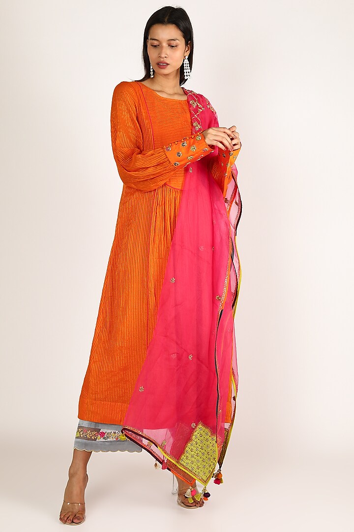 Orange Embroidered A-Line Kurta Set by Raji ramniq